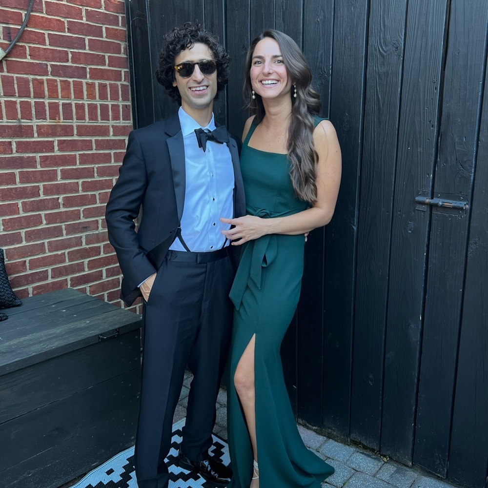 Show Me Your MuMu Emerald Green Satin Wedding Guest Dress with Thigh Slit
